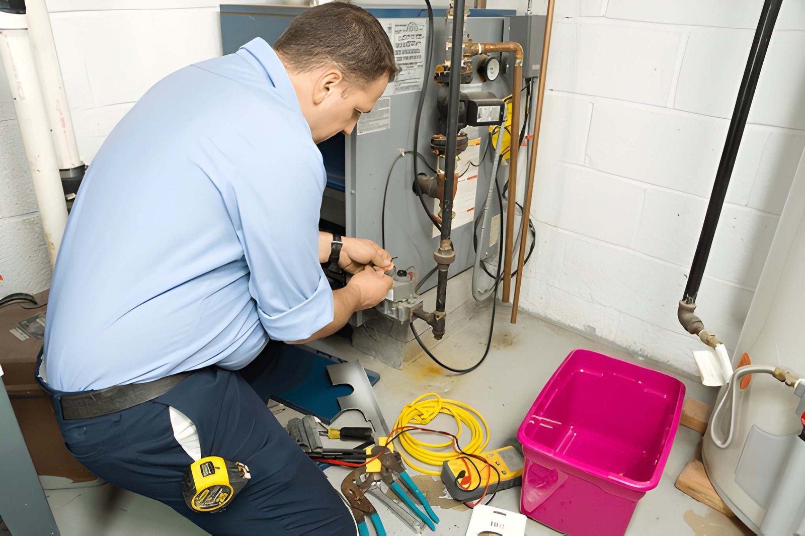 Technician kneeling in a basement repairing the gas controls on a furnace