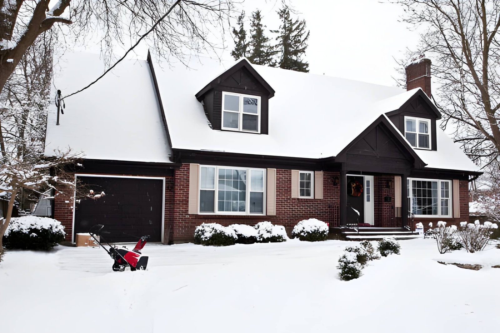 Brick two-story home with a snow blower in the driveway after a winter snowfall