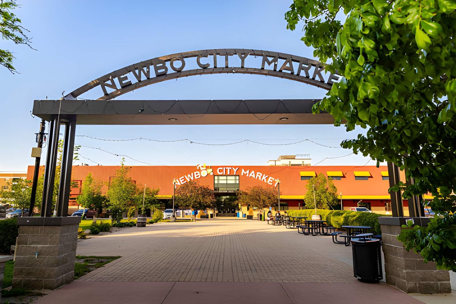 The NewBo City Market entrance arch and building in Cedar Rapids